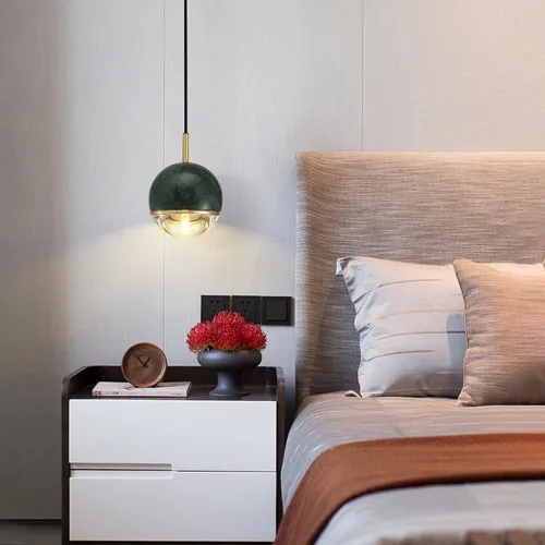 Miniatura 4 de Lámpara colgante de mármol de piedra natural con pantalla de vidrio esférico de latón G9, lámpara de suspensión moderna y minimalista para Blanco