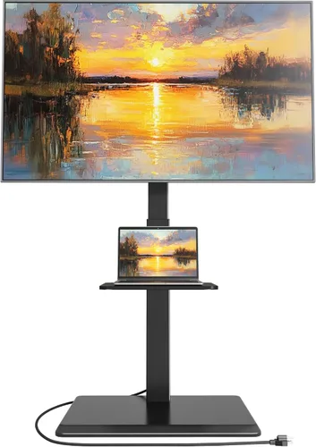 Soporte de piso para TV de acero con toma de corriente para televisores de 32 a 75 pulgadas, hasta 110 libras, soporte de TV ajustable en altura con