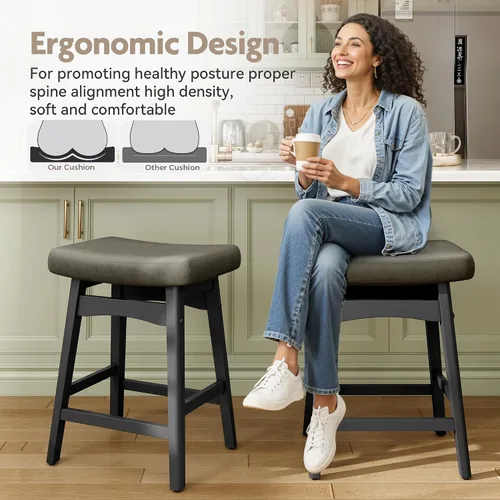 Miniatura 3 de MAISON ARTS Juego de 4 taburetes de bar grises para encimera de cocina, patas de madera maciza con asiento de silla de montar de piel sintética