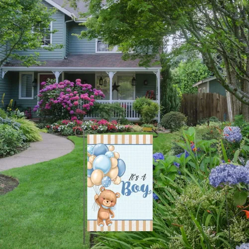 Miniatura 7 de Bandera de jardín con texto en inglés "It's A Boy" de 12 x 18 pulgadas, globos de oso de peluche de doble cara, bandera de jardín para bebé, baby