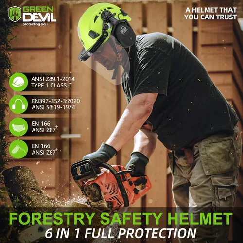 Miniatura 6 de Casco de seguridad para motosierra forestal GREEN DEVIL con orejeras Bluetooth Casco de arborista Casco duro con visera incorporada Protector facial