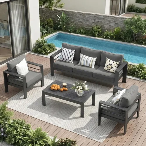Miniatura 33 de Solaste Aluminum Patio Sofa with Coffee Table,3 PCS Patio Furniture Set with Cushions, All-Weather Outdoor Sofa for Balcony, Deck, Backyard, Porch