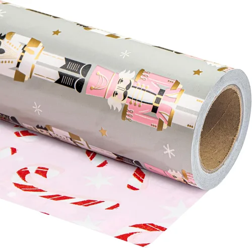 Miniatura 20 de WRAPAHOLIC - Papel de regalo de Navidad reversible, minirollo, 17 pulgadas x 33 pies, diseño de árbol de Navidad con letras “joy”, perfecto