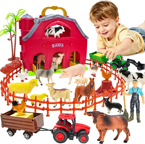 Miniatura 8 de BOLZRA Figuras de animales de granja, juguetes realistas de animales de plástico con bloques de construcción de vallas, juego de figuras de granja