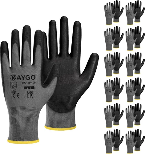 Miniatura 29 de KAYGO KG11PB - Guantes de seguridad con revestimiento delgado de poliuretano, tejido sin costuras, agarre suave en palma y dedos, para trabajo Verde