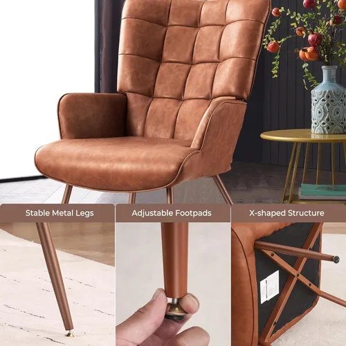 Miniatura 5 de Kosydown Silla de Acento de Cuero PU, Silla de Respaldo Alto con Alas, Asiento Individual Cómodo, Elegante Silla de Acento Capitoné para Sala
