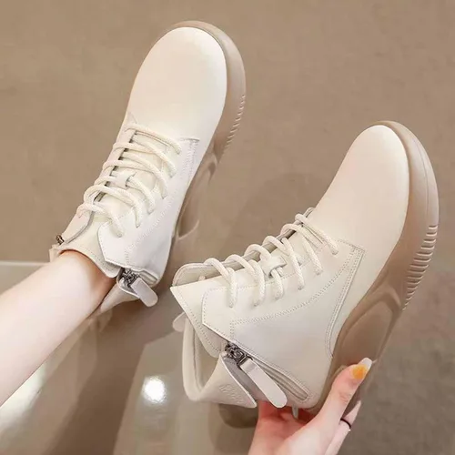 Miniatura 7 de MSYINGL Botas Martin de suela gruesa para mujer, zapatos mecedores de cuero, zapatos de caña alta con cordones, zapatos cortos casuales