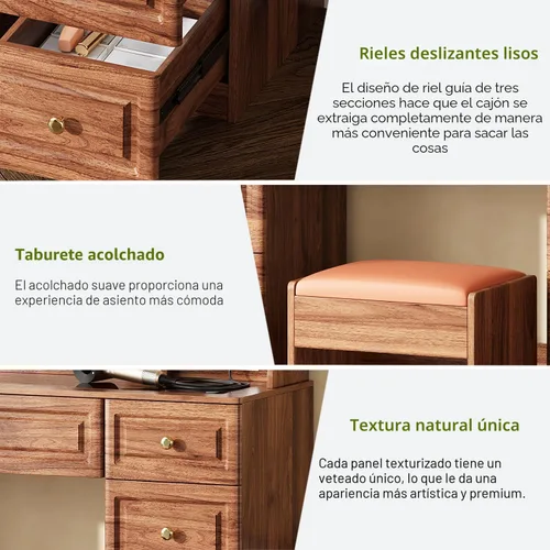 Miniatura 4 de Arulvmrn Escritorio de maquillaje de 43 pulgadas con espejo y luces, y toma de corriente, mesa de tocador grande con parte superior de vidrio con 9