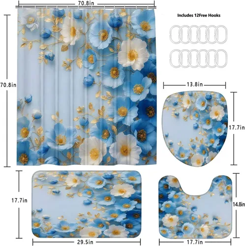 Miniatura 6 de DDQQ Juego de cortinas de ducha florales azules y blancas con flores dulces pintadas con alfombras, juego de cortina de ducha de baño de primavera