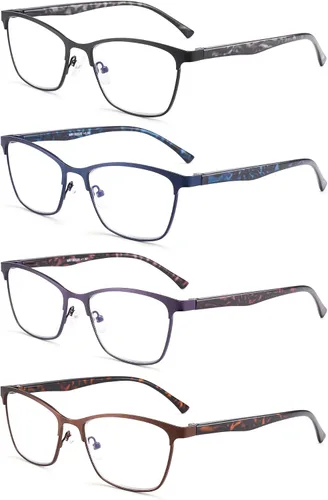HIYANJN Paquete de 4 lentes de lectura para mujeres y hombres, bloqueo de luz azul, lentes de metal con marco de acero inoxidable, lentes para