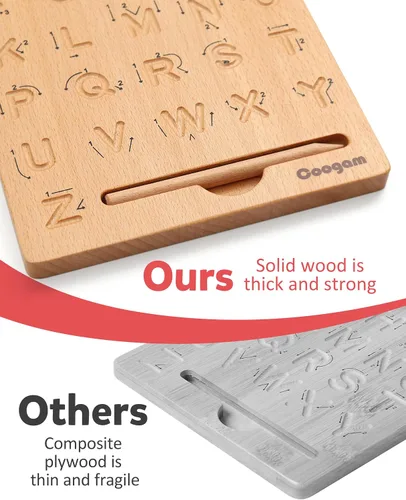 Miniatura 5 de Coogam Tabla de práctica de letras de madera, herramienta de rastreo del alfabeto de doble cara, herramienta de aprendizaje de escritura ABC, juego