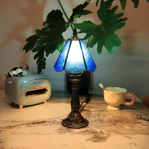 Tiffany Style Table Lamp Blue Rippled Stained Glass Lamp 14 Inch | Small Lamp,Desk Lamps,6X6X14 Inch,Bronze Resin Base, Antique Lamp,Mini Accent
