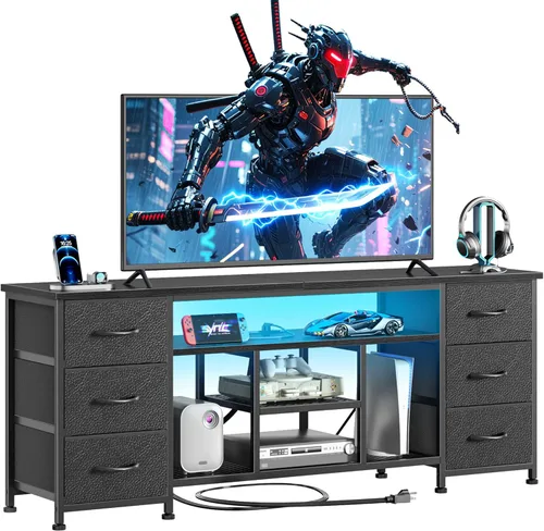 Miniatura 8 de Furologee Soporte de TV LED para TV de 65, 70 pulgadas, centro de entretenimiento de 63 pulgadas con tomas de corriente, cómoda de 6 cajones de tela