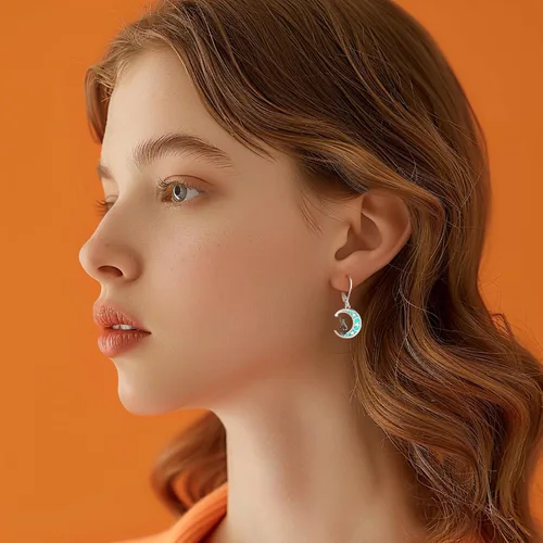 Miniatura 194 de Aretes colgantes de plata de ley con diseño de árbol de la vida, flor, abeja, animales, gato, colibrí, piedra lunar, turquesa, aretes con cierre