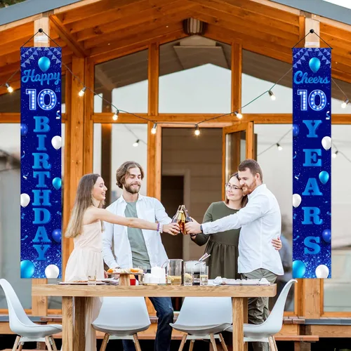 Miniatura 6 de Cartel de feliz cumpleaños número 10 color azul y negro, decoración temática de globos de confeti para niñas de 10 años, suministros de cumpleaños