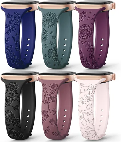 Miniatura 17 de AMSKY Paquete de 6 correas delgadas con grabado floral compatibles con Apple Watch Band 1.575 in 1.614 in 1.654 in 1.496 in 1.732 in 1.772 in 1.811