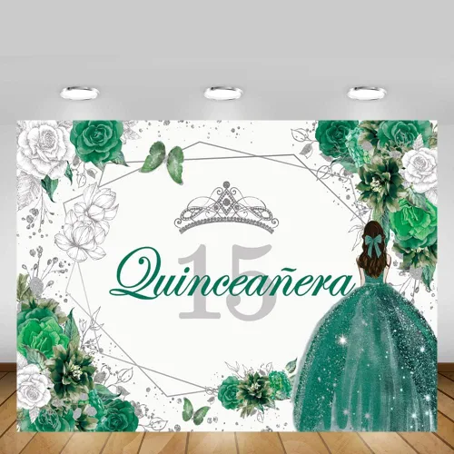 Miniatura 5 de MEHOFOND Telón de fondo de quinceañera con 15 letras para fiesta de niñas de 15 años con texto en inglés «Sweet 15 Quince años», fondo floral azul