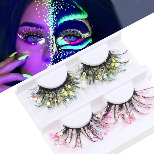 Miniatura 6 de 2 pares de pestañas luminosas con purpurina 3D de color Cosplay Anime pestañas con lentejuelas, pestañas dramáticas exageradas de 0.98 pulgadas