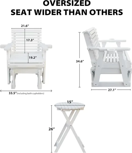 Miniatura 3 de Silla planeadora para exteriores, juego de muebles de patio de madera de 2 plazas con mesa, portavasos, respaldo alto y asiento contorneado Blanco