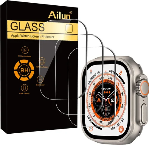 Ailun Protector de pantalla para Apple Watch Ultra 3/Ultra 2/Ultra (1.929 in), película de vidrio templado, antiarañazos, alta definición, sensible