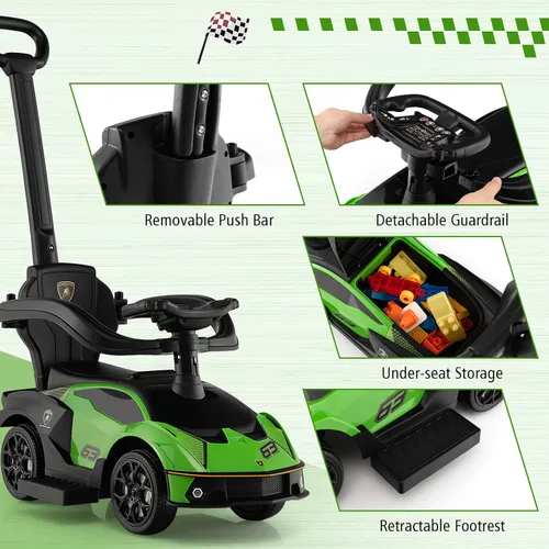 Miniatura 5 de Costzon Coches de empuje para niños pequeños, Lamborghini 3 en 1 con licencia con licencia Lamborghini, auto deslizante para caminar con asa, Verde