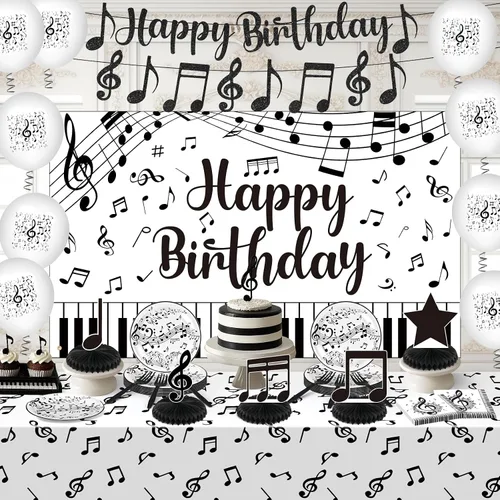 Miniatura 2 de Decoraciones de fiesta musical, nota musical negra, pancarta de feliz cumpleaños, globos, notas, platos, servilletas, mantel, mesa de nido de abeja