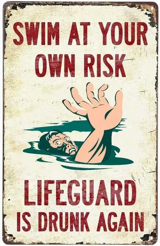 Letrero de metal con texto en inglés «No Lifeguard On Duty», «Swim At Your Own Risk», letrero de metal nostálgico para piscina, decoración de pared