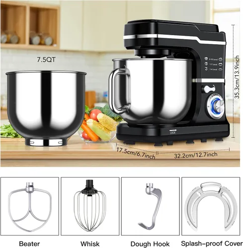Miniatura 4 de Garvee Batidora de alimentos de pie de 7.5 cuartos de galón, cabezal inclinable de 10 velocidades, batidora eléctrica de cocina 3 en 1 con cuenco