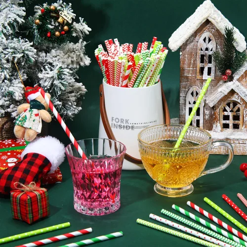 Miniatura 6 de 500 pajitas de papel de Navidad, 8 estilos, desechables, rojo y verde, rayas cheurón, bicolor, rayas, lunares, mezcla de pajitas para suministros