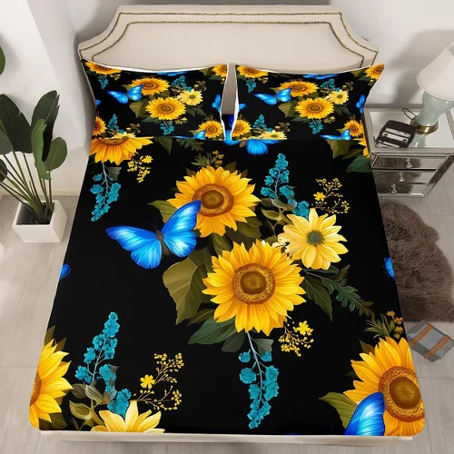 Erosebridal Sábanas de girasol tamaño individual, sábana bajera ajustable de mariposa azul para niñas y mujeres, juego de ropa de cama floral con