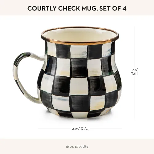 Miniatura 4 de MACKENZIE-CHILDS Taza de esmalte, linda taza de café y té de esmalte, vajilla única, 16 onzas, cuadro de corte negro y blanco, juego de 4