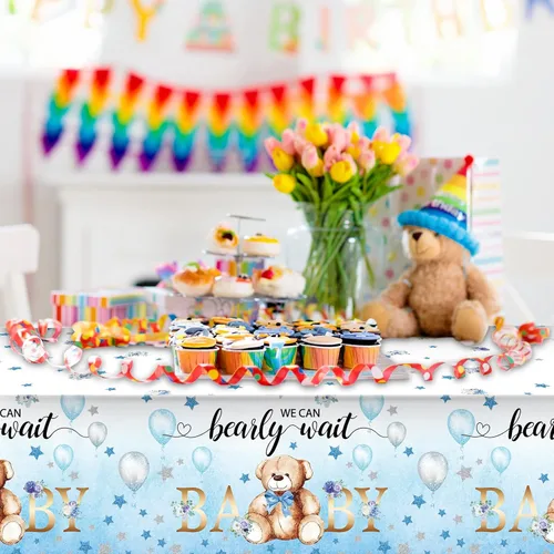 Miniatura 7 de Tegeme Paquete de 6 manteles de plástico con diseño de oso para baby shower, con texto en inglés «We Can Bearly Wait», para fiestas de cumpleaños