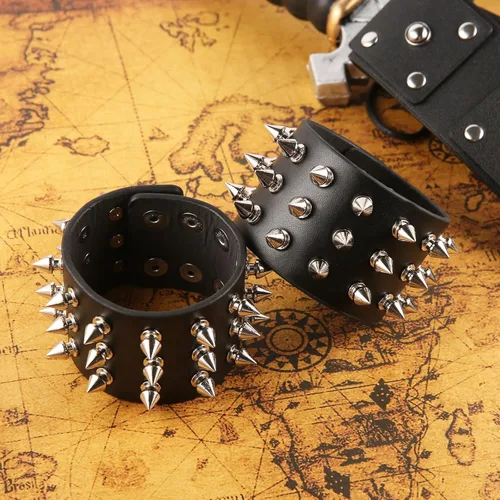 Miniatura 5 de HZMAN Brazalete unisex negro con pinchos de metal estilo punk/rock, correa ancha de cuero