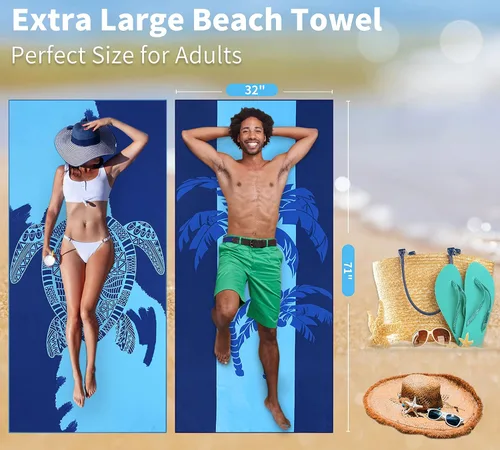 Miniatura 17 de Paquete de 2 toallas de playa ligeras y delgadas de gran tamaño de 71 x 32 pulgadas, toallas grandes de microfibra extra grandes sin arena