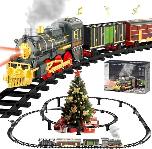 Miniatura 9 de Juego de tren eléctrico con pistas elevadas 3D, vagones de pasajeros de locomotora, luces y modo silencioso, tren de Navidad para niños, regalo