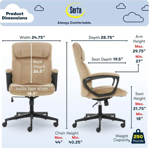 Miniatura 3 de Serta® Hannah Silla ejecutiva para oficina en casa, ergonómica de respaldo medio con soporte lumbar, cojín de asiento firme, almohadas corporales