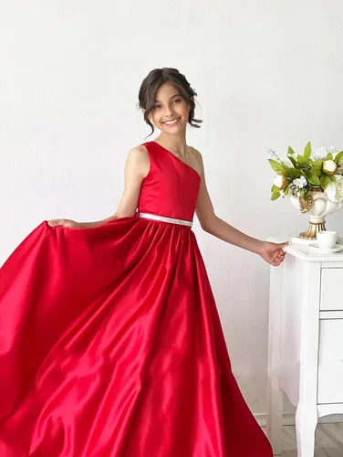 Miniatura 4 de Vestidos de satén de un hombro para niñas, vestido de princesa de una línea de flores con banda de abalorios