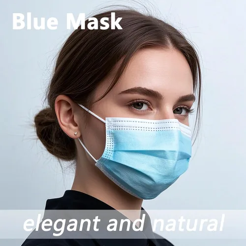 Miniatura 3 de 50 cubrebocas desechables azules para adultos, mujeres y hombres, 3 capas, color azul sólido, transpirable, protección facial completa