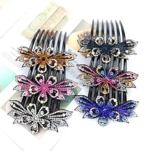 Miniatura 7 de Lawie Paquete de 6 peines laterales grandes de cristal con diamantes de imitación, dientes largos y brillantes, accesorios decorativos de plástico