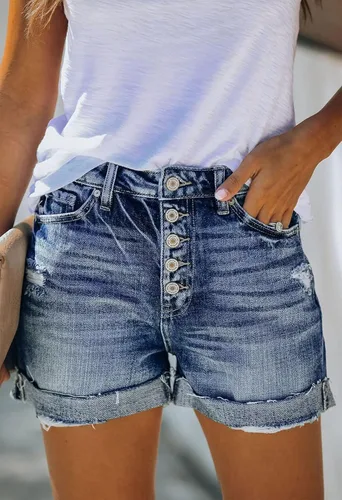 Miniatura 4 de HUUSA Pantalones cortos de mezclilla rasgados para mujer, cintura alta, desgastados, casuales, dobladillo enrollado, pantalones cortos con bolsillos