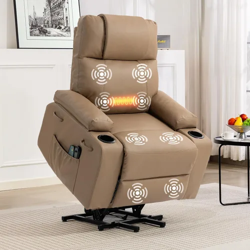 Silla Reclinable con Elevación Eléctrica para Personas Mayores con Calor y Masaje, Sillón Reclinable de Cuero PU Eléctrico Ajustable 160° con Marrón