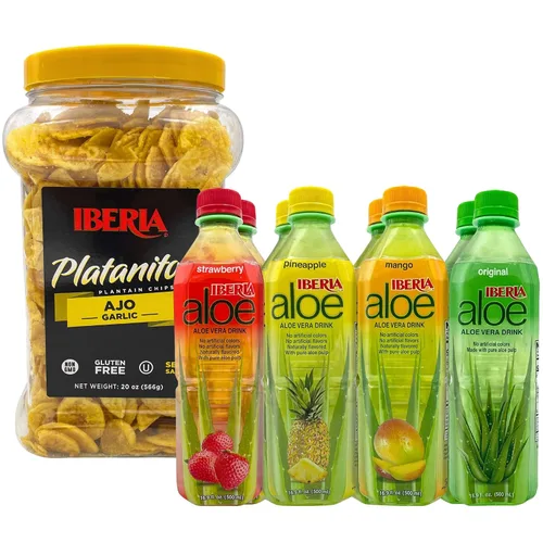Iberia Chips de plátano de ajo, 20 onzas + bebida Iberia Aloe Vera con pulpa de aloe pura, variedad, (paquete de 8)