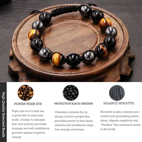 Miniatura 7 de Triple Protection Bracelet for Women Men, 10mm Crystal Beads Bracelet Handmade with Real Tiger Eye Black Obsidian and Hematite, Natural Crystal