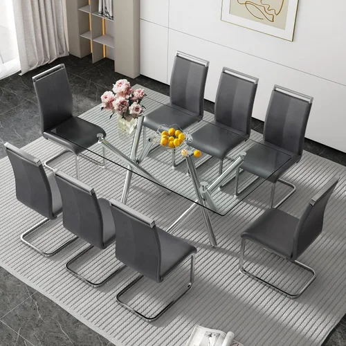 Miniatura 32 de Juego de 8 mesas de comedor de cristal, moderno juego de mesa de comedor de 71 pulgadas con 8 sillas de comedor tapizadas de piel sintética