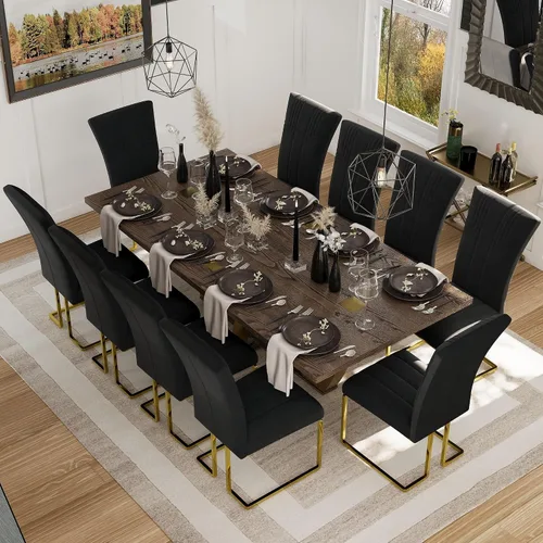 Miniatura 6 de AUZ Juego de 6 sillas de comedor negras y doradas, sillas tapizadas de terciopelo negro con patas de trineo de acero inoxidable pulido, sillas