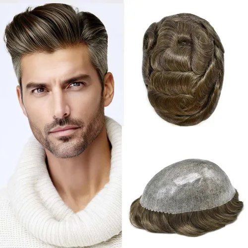 Miniatura 128 de Peluca completa de poliuretano para hombre, sistemas de reemplazo de cabello humano, piel fina y duradera, para hombre, prótesis de cabello