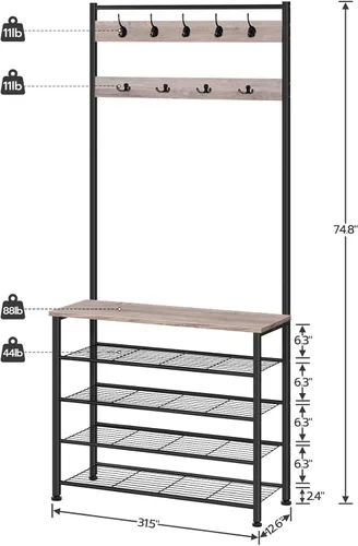 Miniatura 4 de HOOBRO Árbol de Pasillo, Perchero con Zapatero, Árbol de Pasillo con Banco, Organizador de Almacenamiento de Zapatos de 5 Niveles con 9 Ganchos