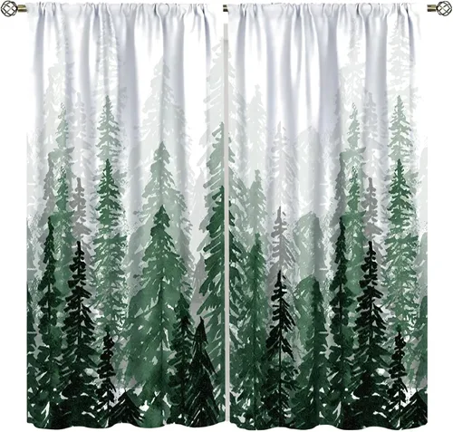 Miniatura 8 de Cortina de árbol de bosque verde, pino, coníferas, bosque, acuarela, oscurecimiento de habitación, ventana, bolsillo para barra, cortina