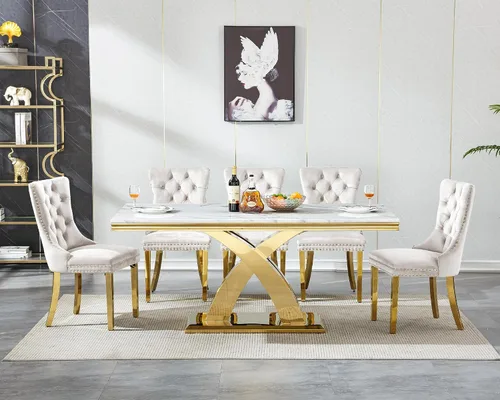 Miniatura 3 de Juego de mesa de comedor de 7 piezas con sillas, mesa de comedor de mármol sintético y sillas beige para 6, juego de mesa de comedor de oro blanco