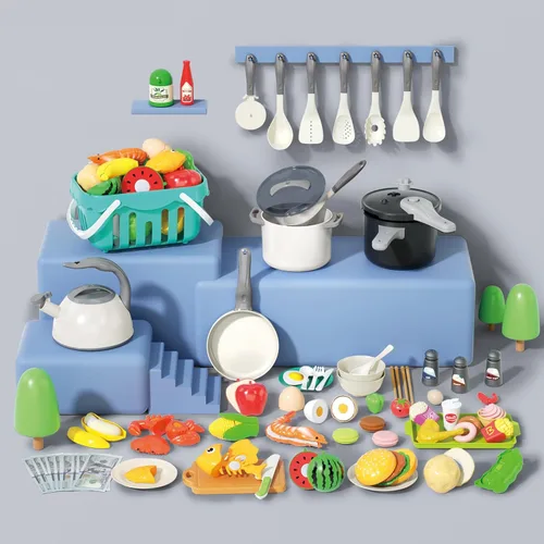 Miniatura 3 de Juego de cocina de 130 piezas, ollas de juego de cocina para niños, sartenes, utensilios de cocina, alimentos diarios, frutas y verduras, cesta
